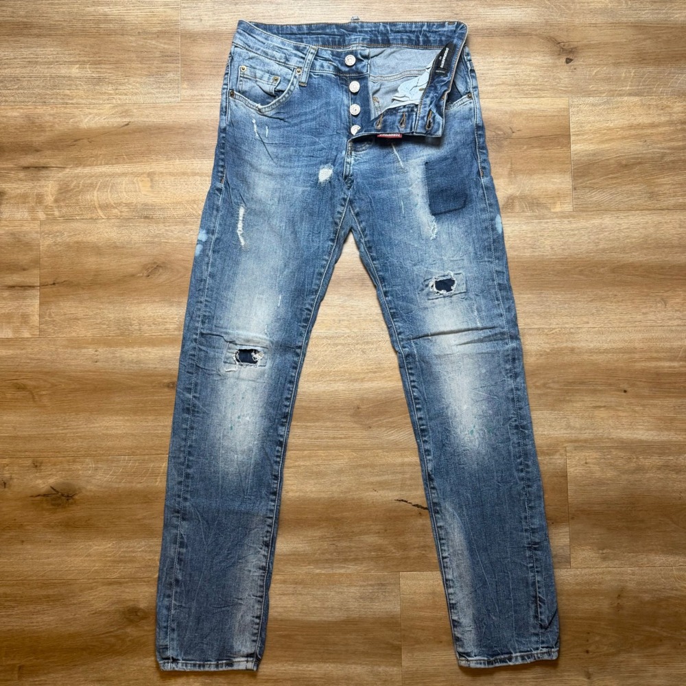 Dsquared2 Cool Guy Jeans Mens 42 Blue Distressed Paint Splatter Made in Italy